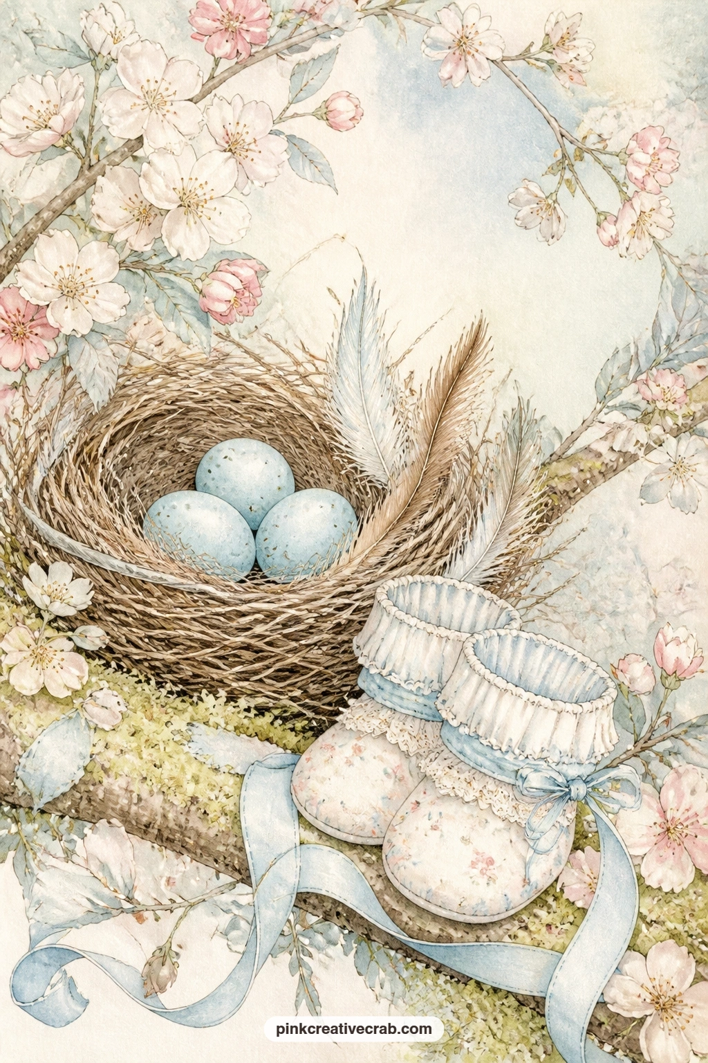 Feathered Nest With Blue Eggs printable page — Tear the edge of this page roughly before gluing it in, letting the nest sit half torn away from the paper like