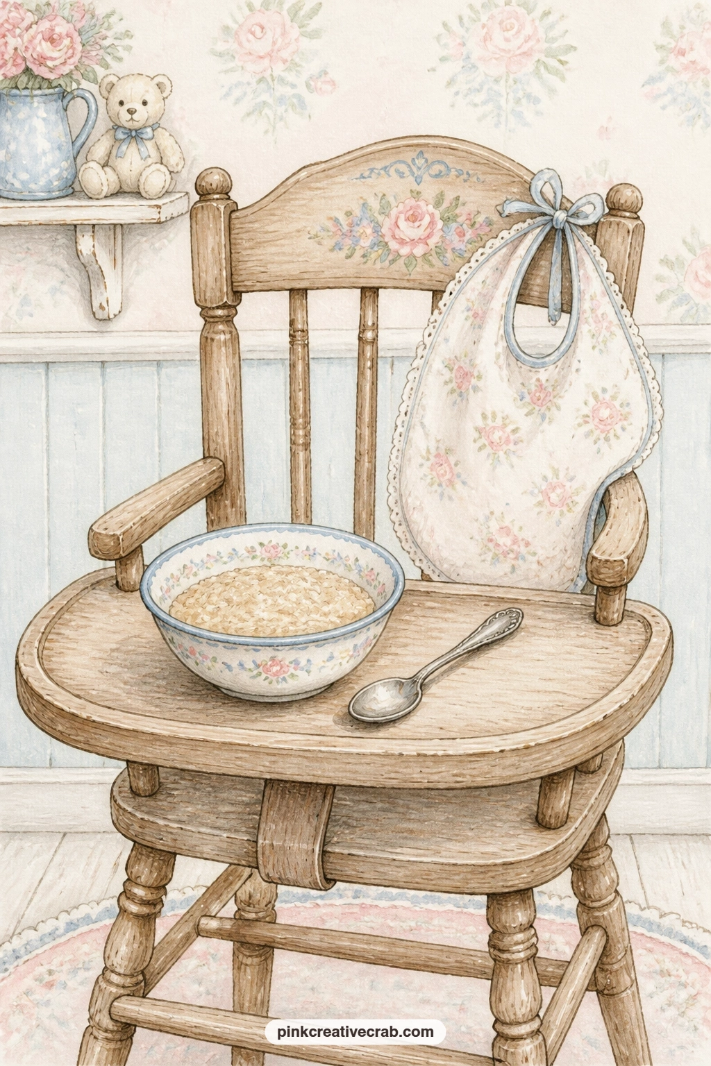 Vintage High Chair With Oatmeal printable page — A vintage high chair holds a bib and a bowl of oatmeal with a silver spoon resting against the rim, a small