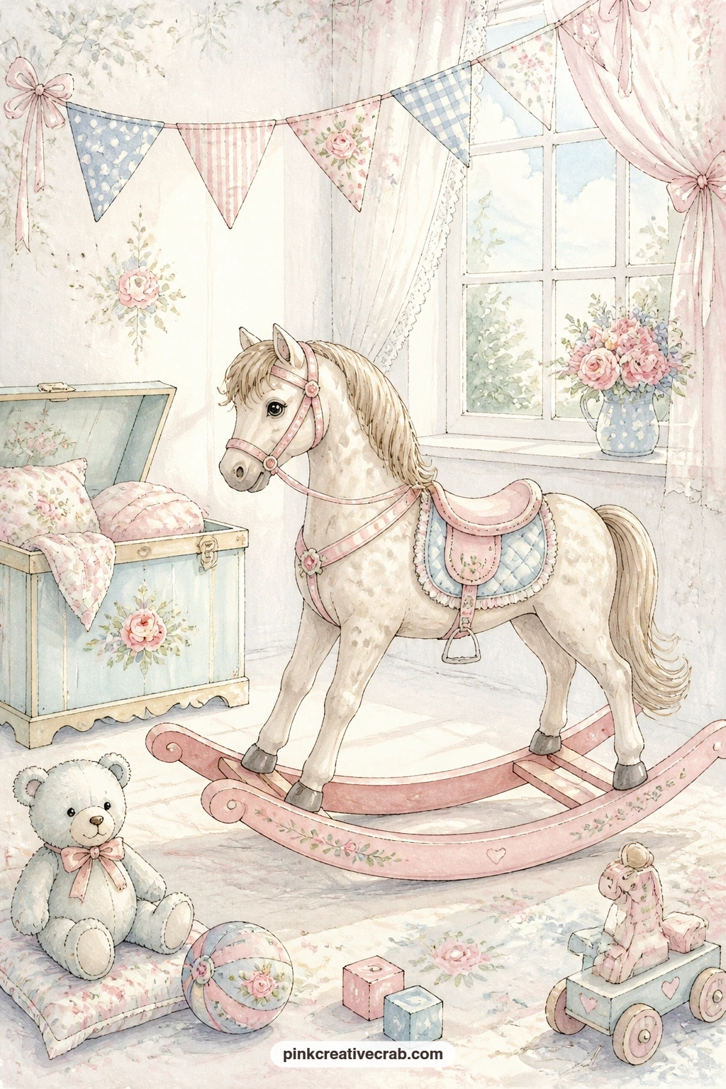 Rocking Horse In Sunlit Nursery printable page — A rocking horse stands in a sunlit nursery beside a toy chest and a line of bunting, closing the scene pages