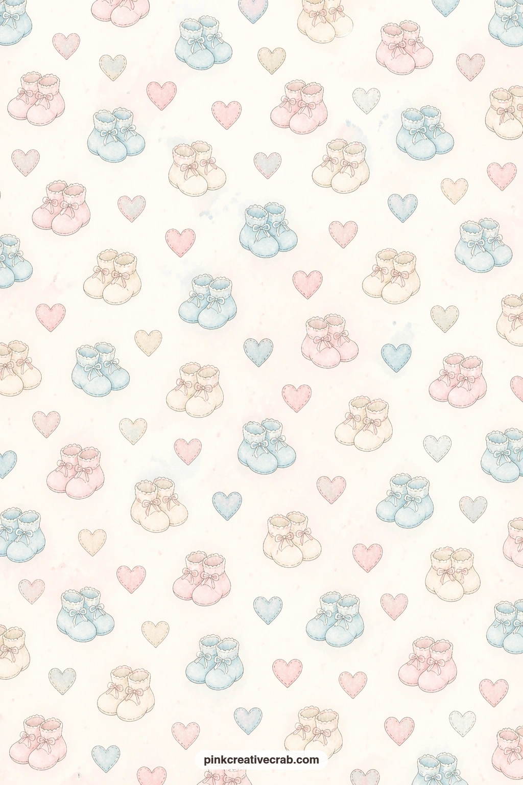 Booties And Hearts Pattern printable page — Scattered booties and small hearts repeat edge to edge in blush pink and cream, ready to line a pocket page, sit