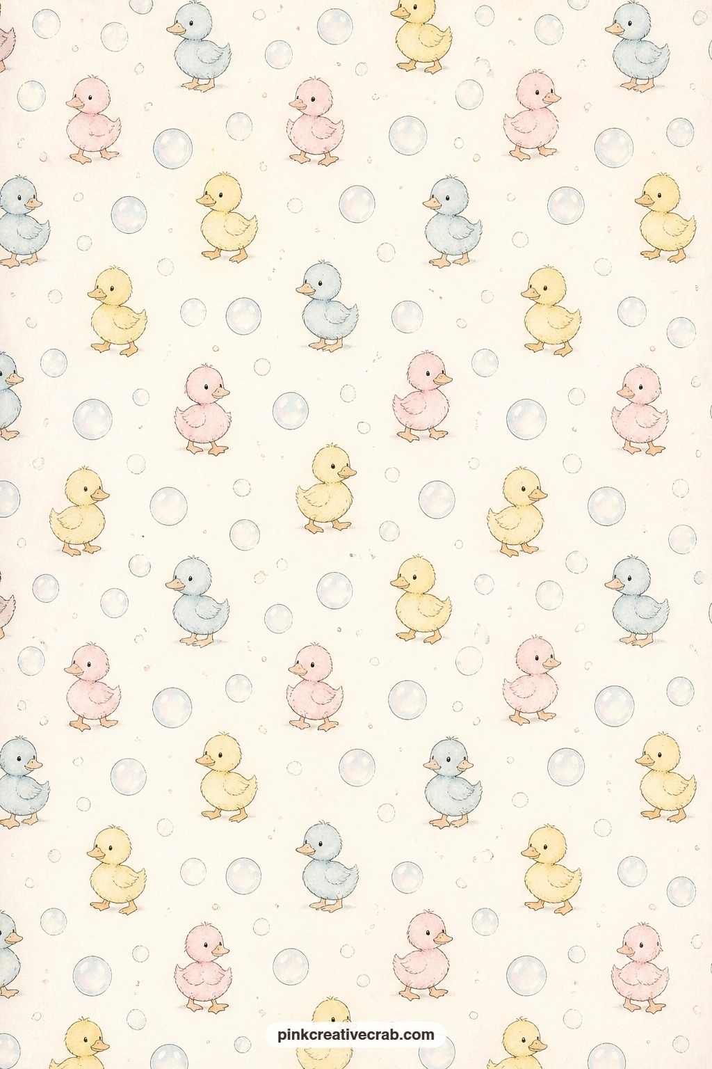 Duckling And Bubble Pattern printable page — Pale ducklings drift among small bubbles across the whole sheet, a soft fit behind a bath time photo or as the