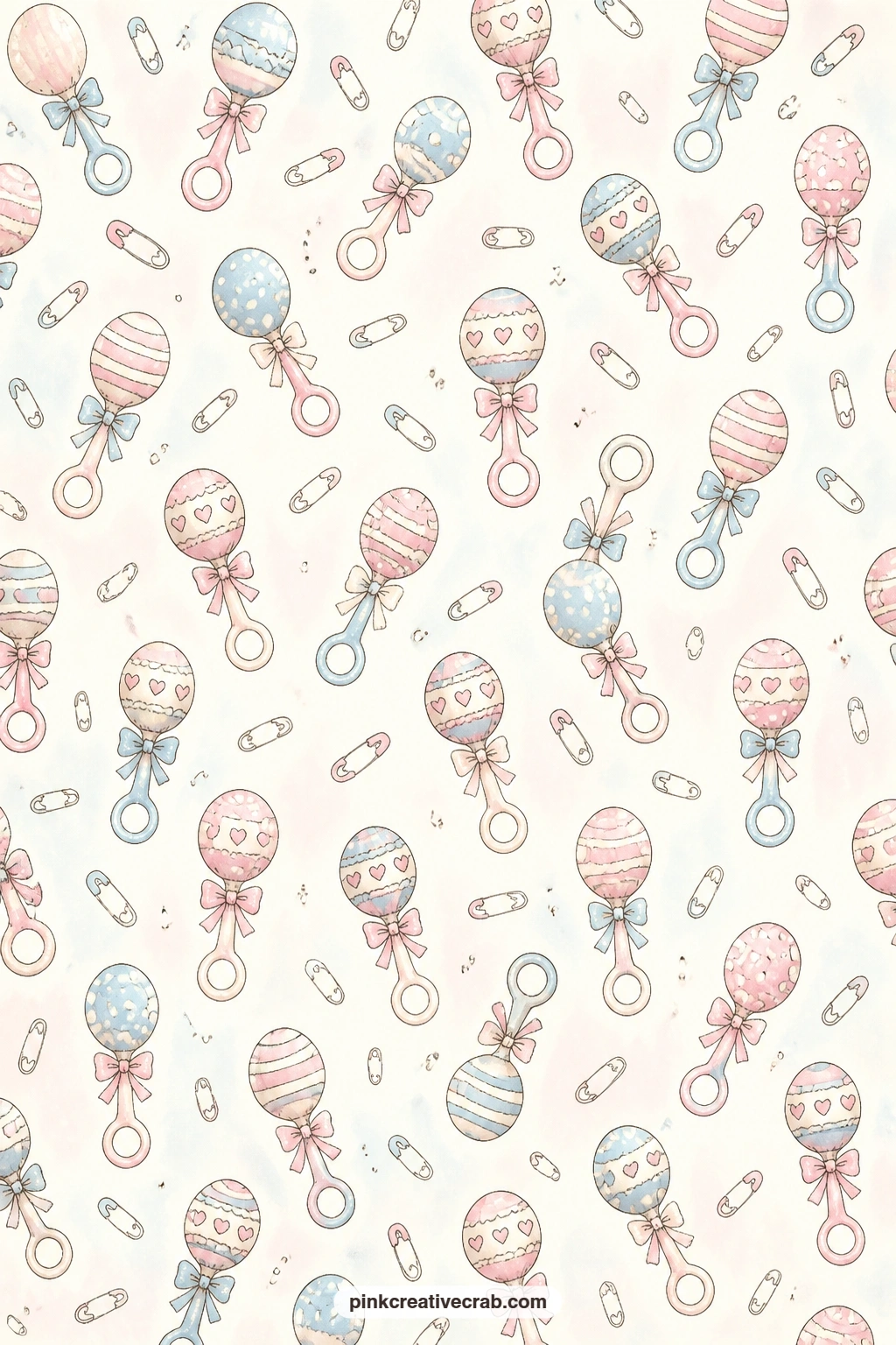 Rattle And Safety Pin Pattern printable page — Baby rattles and tiny safety pins toss across the page in a loose repeating scatter, a good match for the