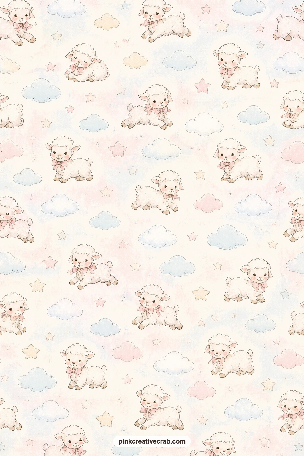 Lamb And Cloud Pattern printable page — Little lambs drift among soft clouds in a quiet repeating pattern, well suited to a nursery-themed cover or as backing