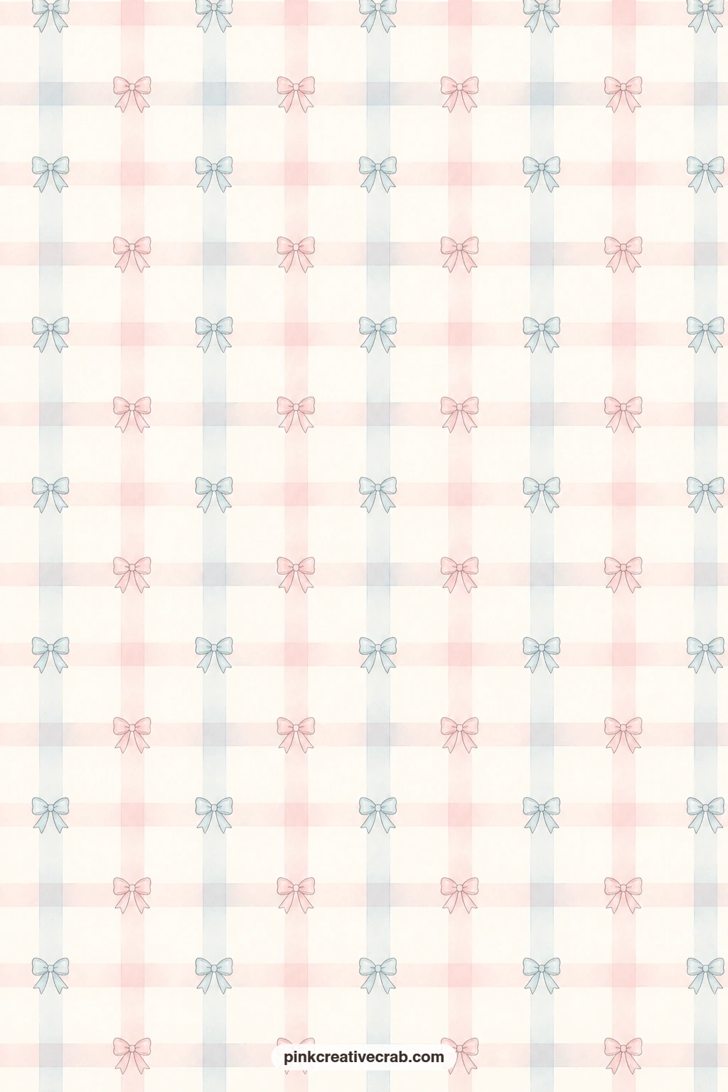 Gingham With Tiny Bows Pattern printable page — Pastel gingham checks carry tiny bows at their crossings, a pattern steady enough to use as a pocket lining or