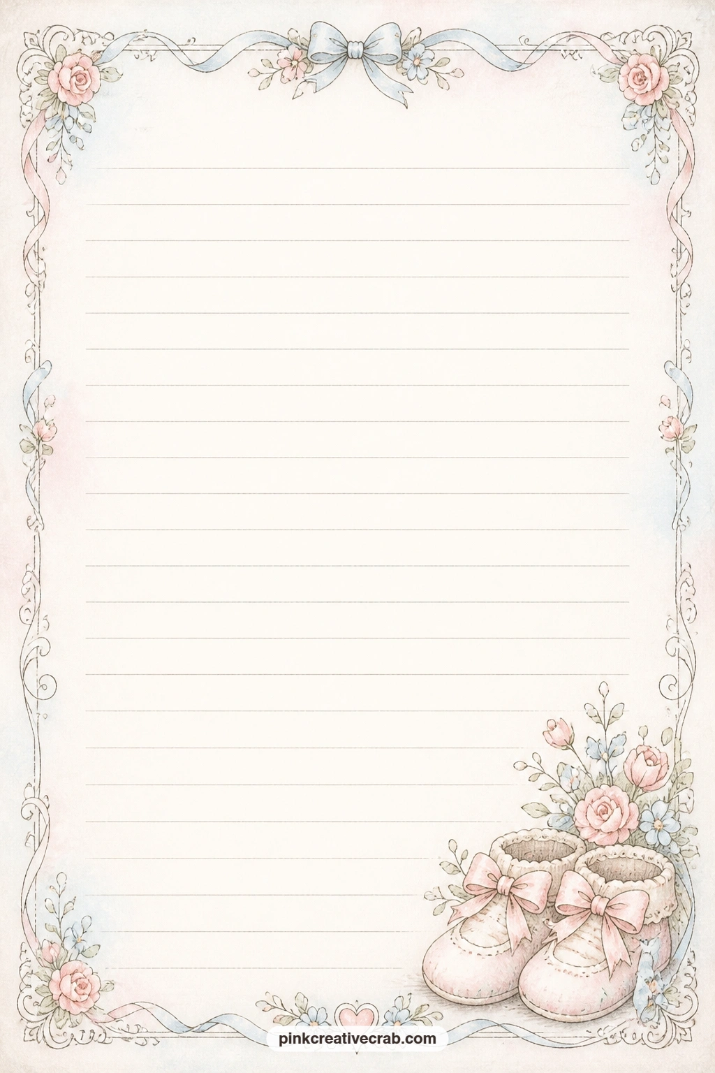 Bootie Corner Lined Page printable page — A spray of booties sits in one corner of this lined page, ready for a gift list, a shower guest tally or a note of