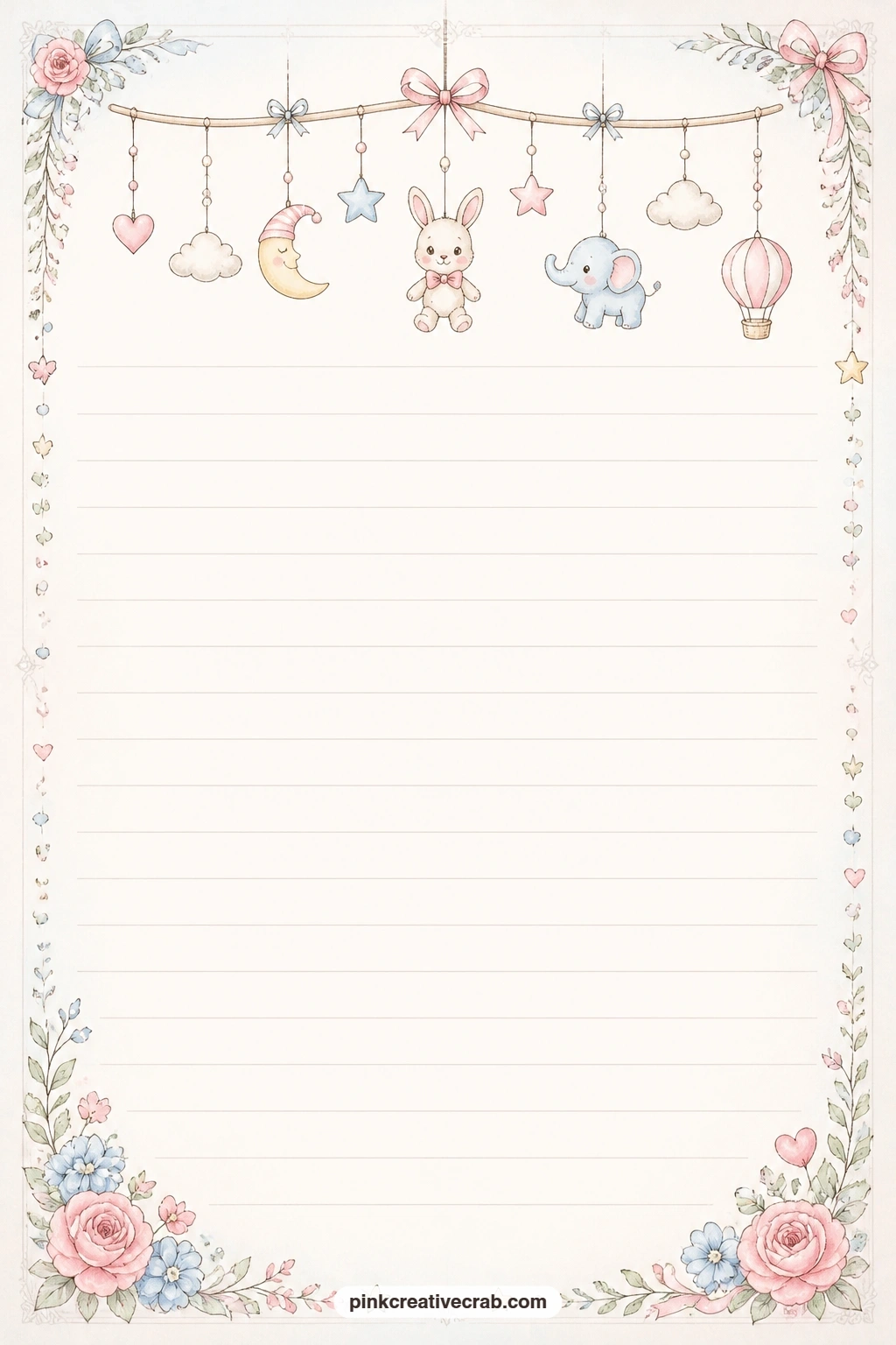 Mobile Header Lined Page printable page — A mobile hangs across the top of this page like a small banner, leaving the ruled lines below free for a lullaby, a