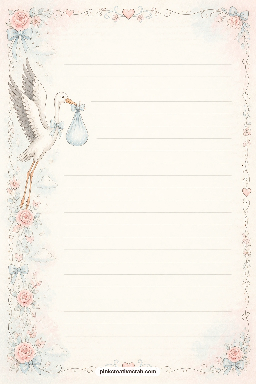 Stork Border Lined Page printable page — A stork and its bundle trail along one side of the page in a narrow border, leaving room for a birth announcement