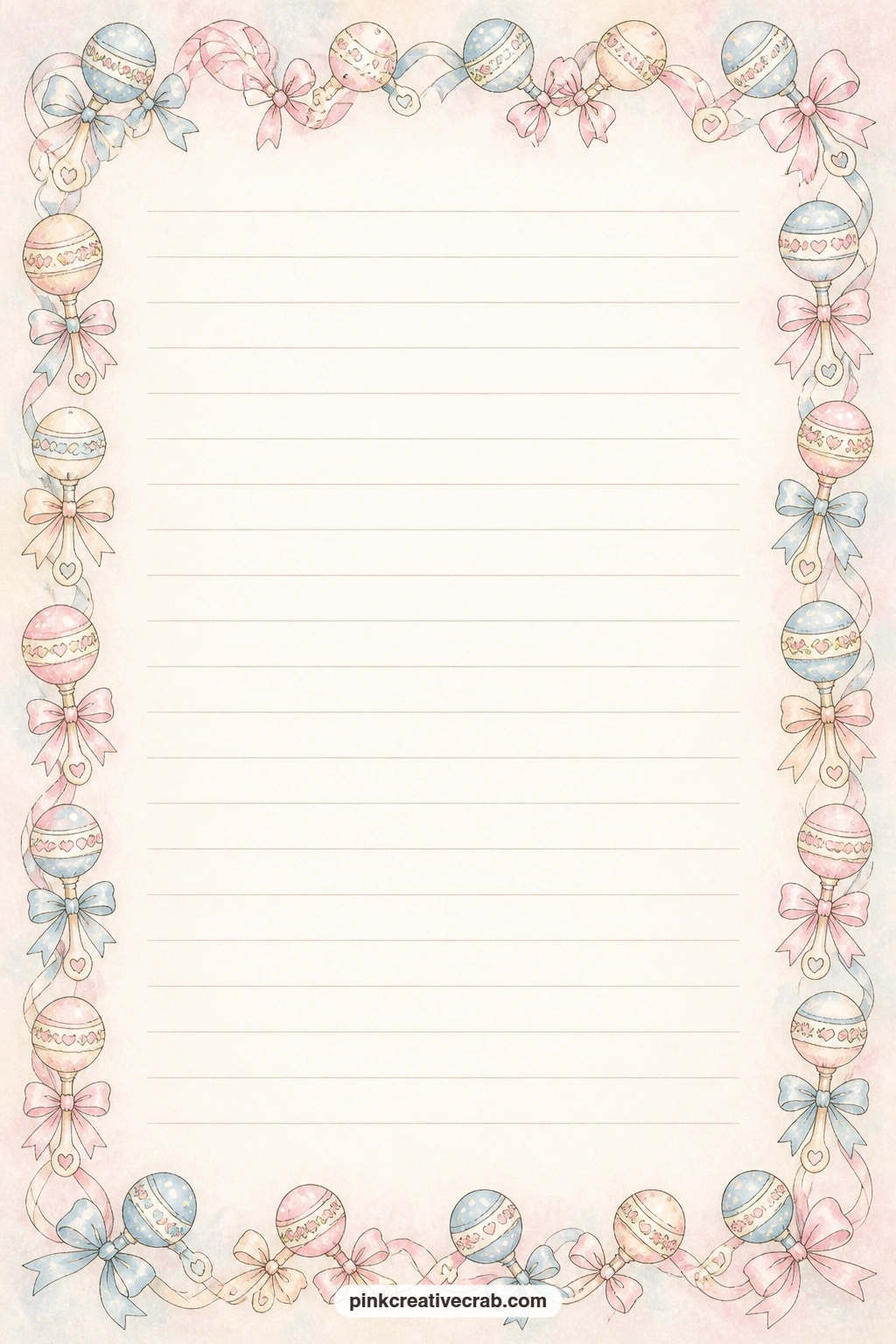 Rattle And Ribbon Frame Lined Page printable page — Rattles tied with ribbon frame the full edge of this page, well suited to a menu for the shower, a list of