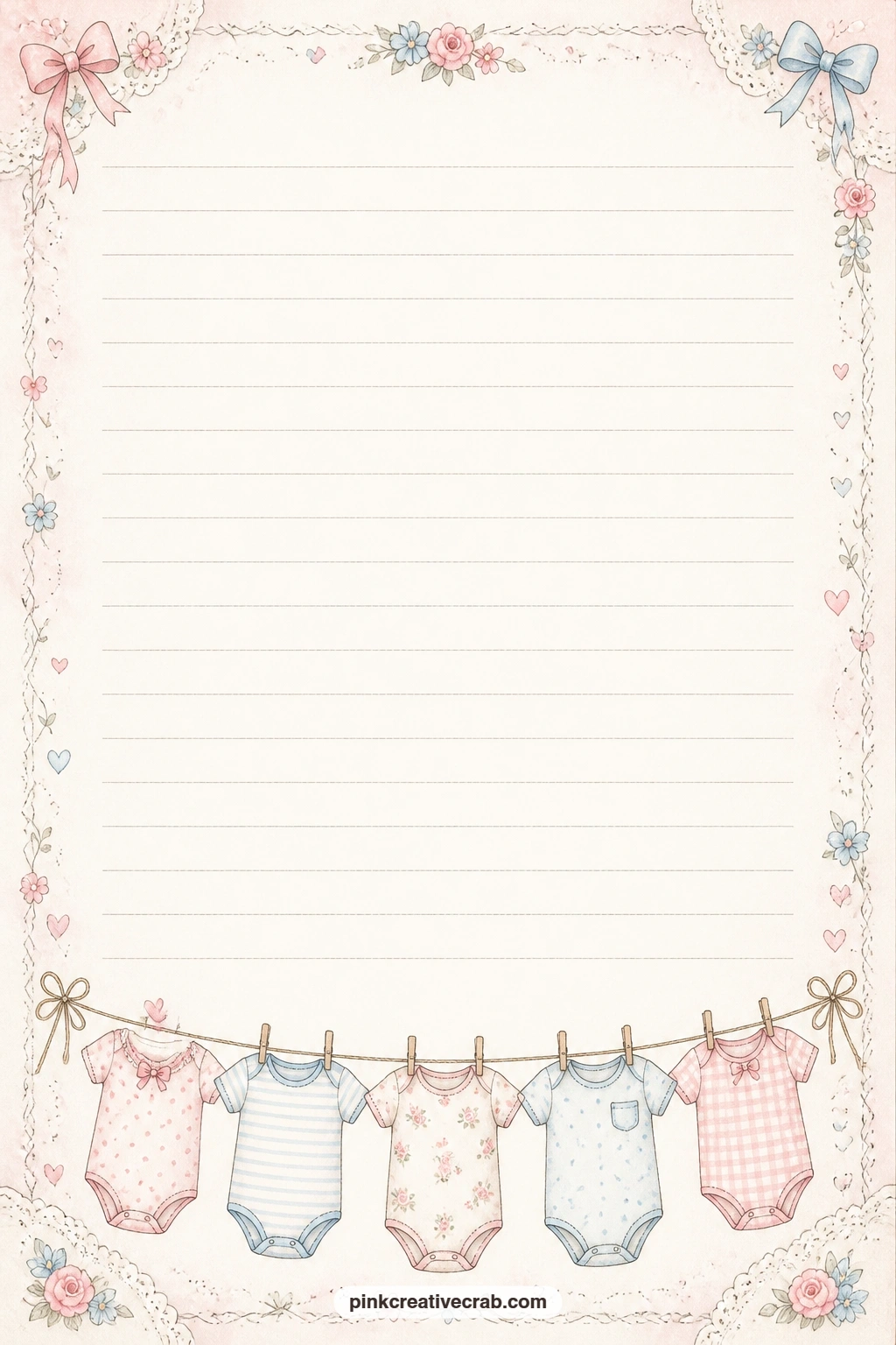 Onesie Clothesline Lined Page printable page — A tiny clothesline of onesies strings along the bottom edge of this page, leaving the ruled lines above free for