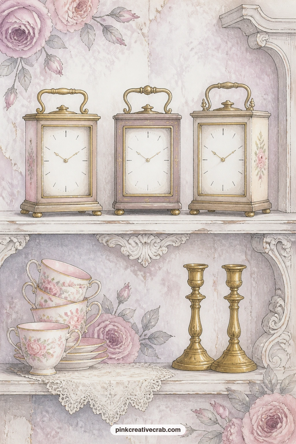 Shelf Of Carriage Clocks printable page — Give this shelf of carriage clocks a plain paper price tag tucked at one corner, the kind a shop clerk might have
