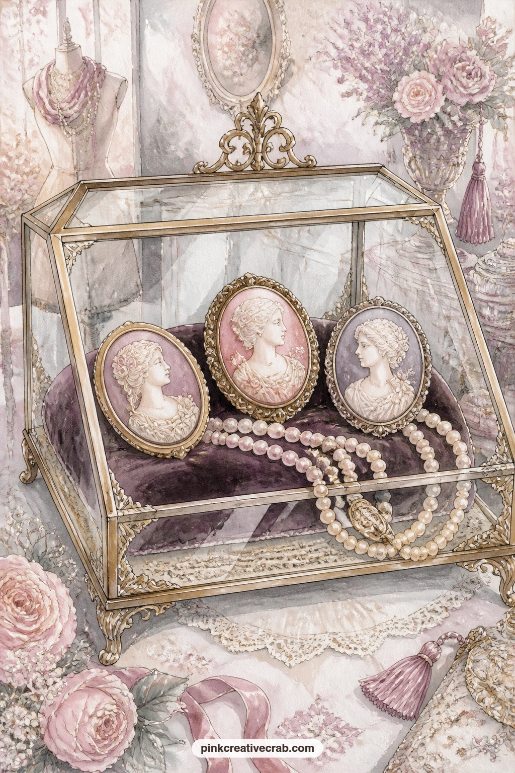 Cameo Brooches On Velvet printable page — Pair this page with the antique cameo and pearl background paper later in the set, tucking a strip of it behind the