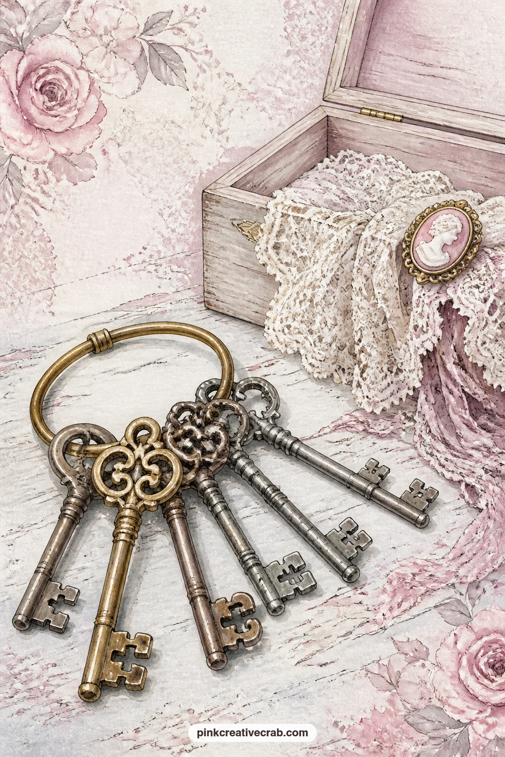 Skeleton Keys On A Ring printable page — Tea-stain the bottom edge of this page before gluing it in, just enough to soften the paper the way a real attic find