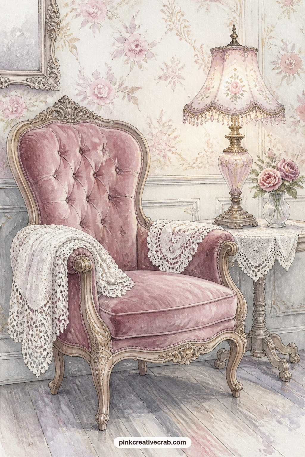 Victorian Parlor Corner printable page — The usual mistake with a parlor page like this is cramming every object from the room onto one sheet; keep the velvet