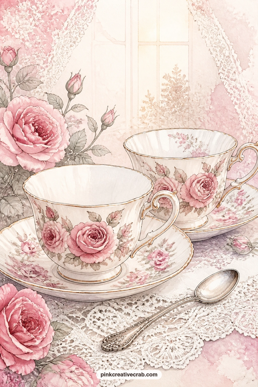 China Teacups With Roses printable page — This page suits a gift journal made for someone who always orders tea instead of coffee, since the rose pattern on