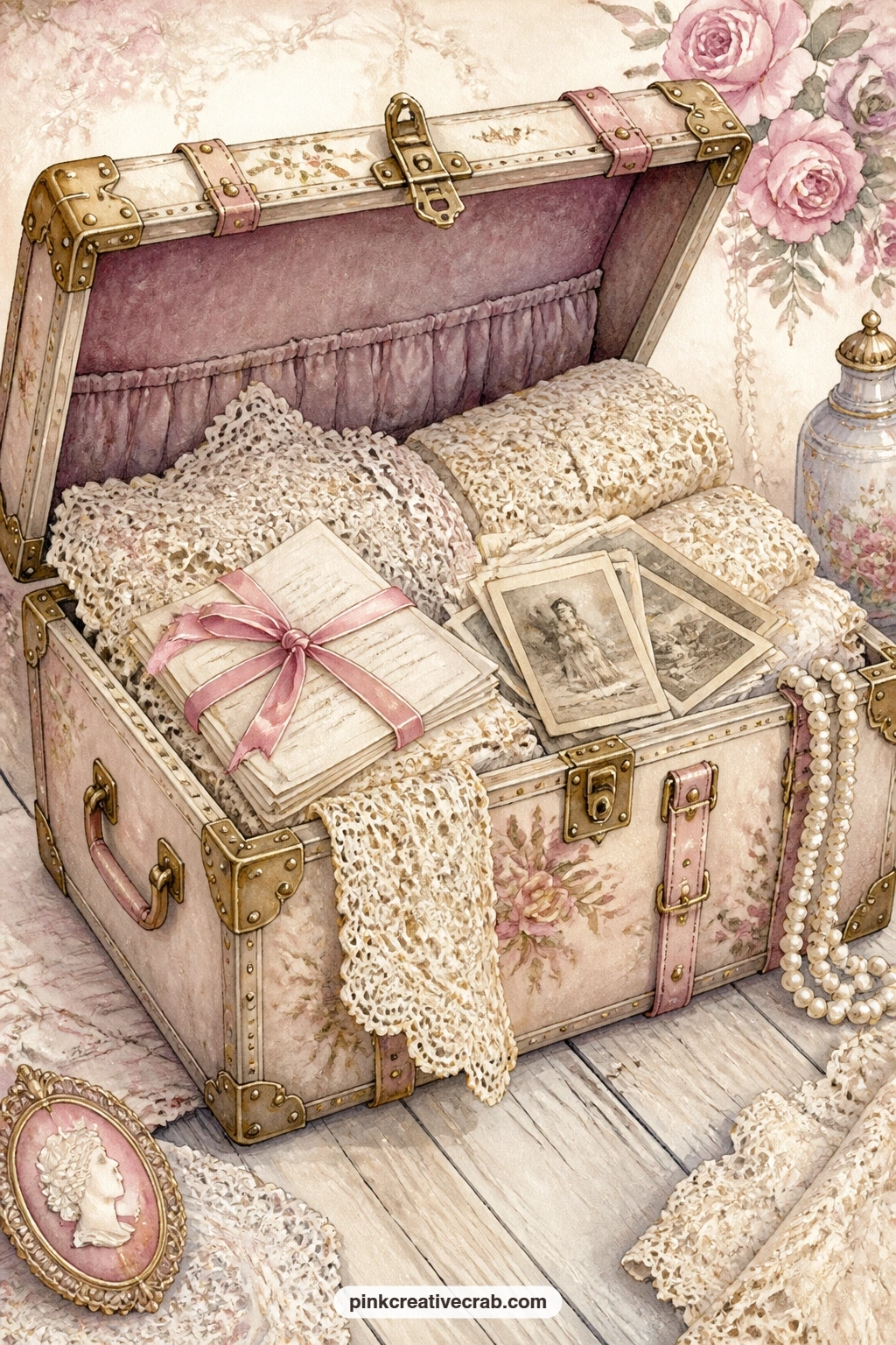 Old Trunk Opened To Lace printable page — Place this trunk page across from the skeleton keys page earlier in the set, so the key ring on one side seems to