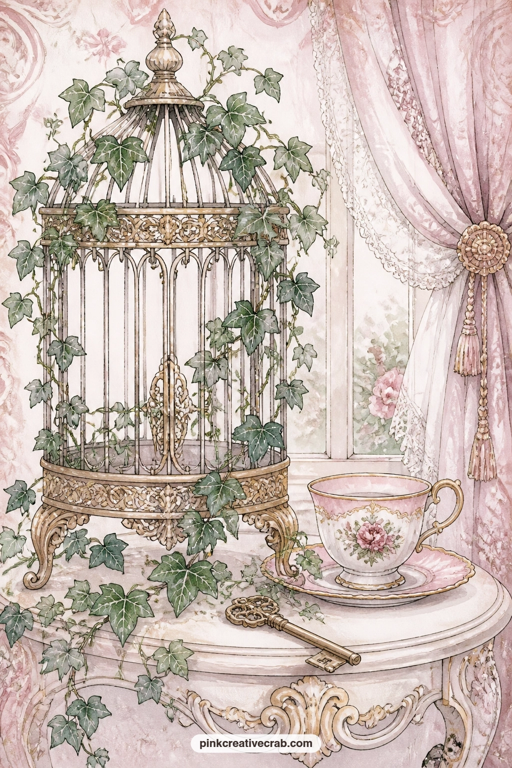 Birdcage With Ivy printable page — A small luggage tag works well tied to the birdcage bars, the kind you could write a guest's name on if this page opens a