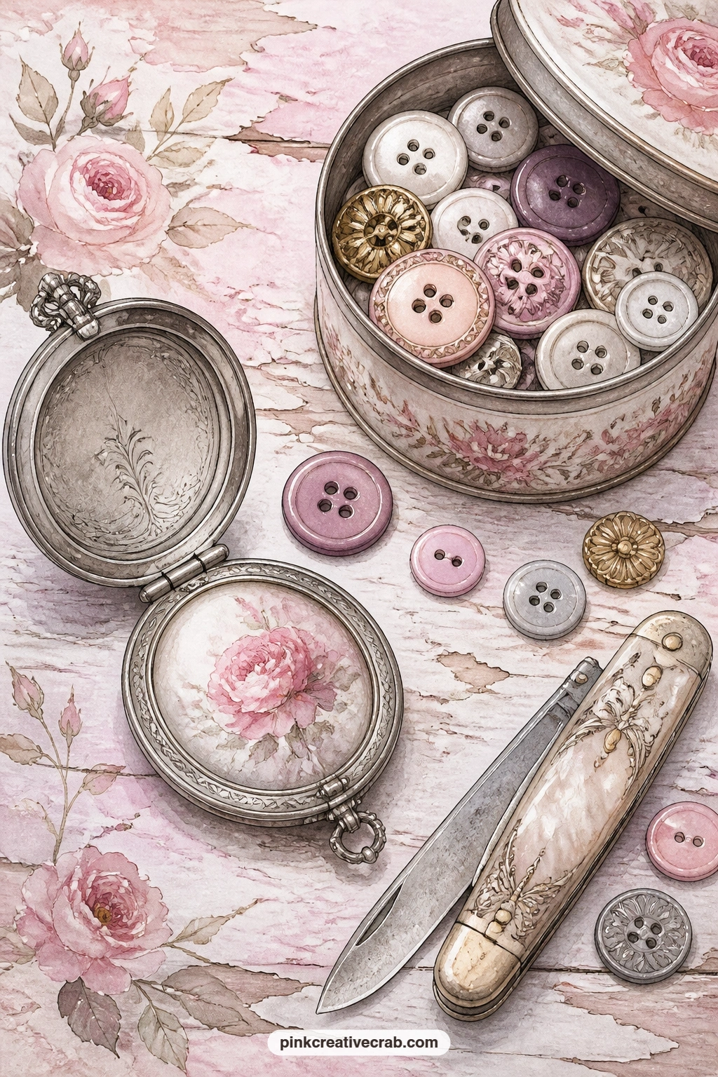 Silver Locket And Buttons printable page — Try the jewelry watercolor ideas alongside this page if you want more heirloom pieces to paint by hand between the
