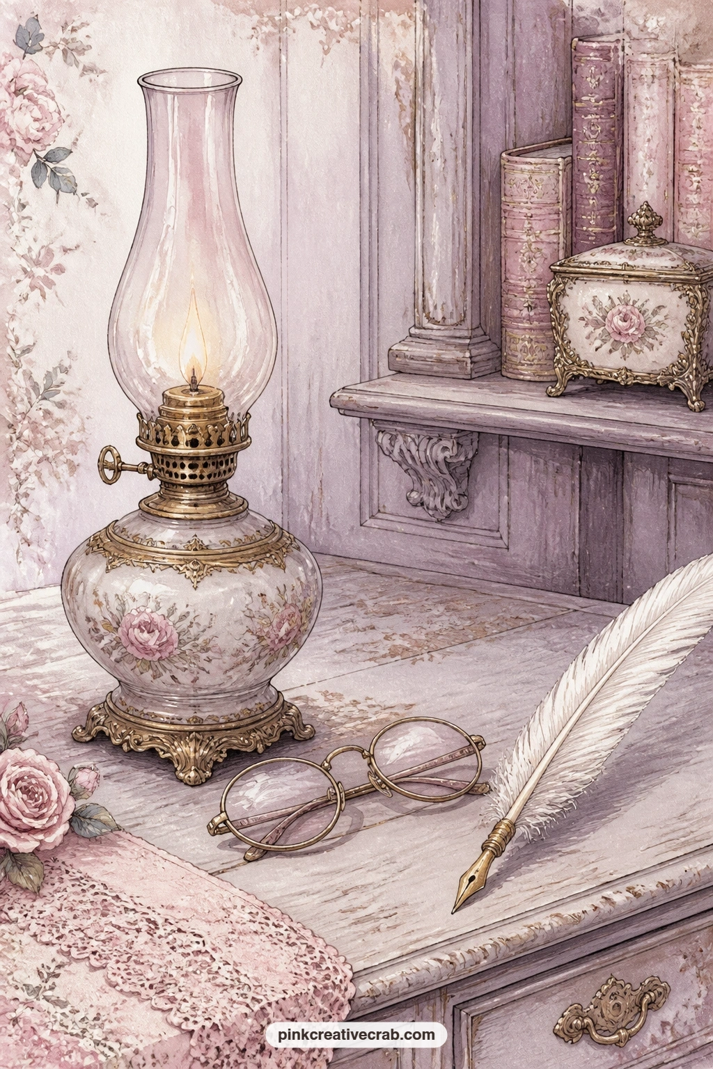 Oil Lamp And Spectacles printable page — Glue a torn scrap of handwriting under the quill on this page, something that looks like the start of an unfinished