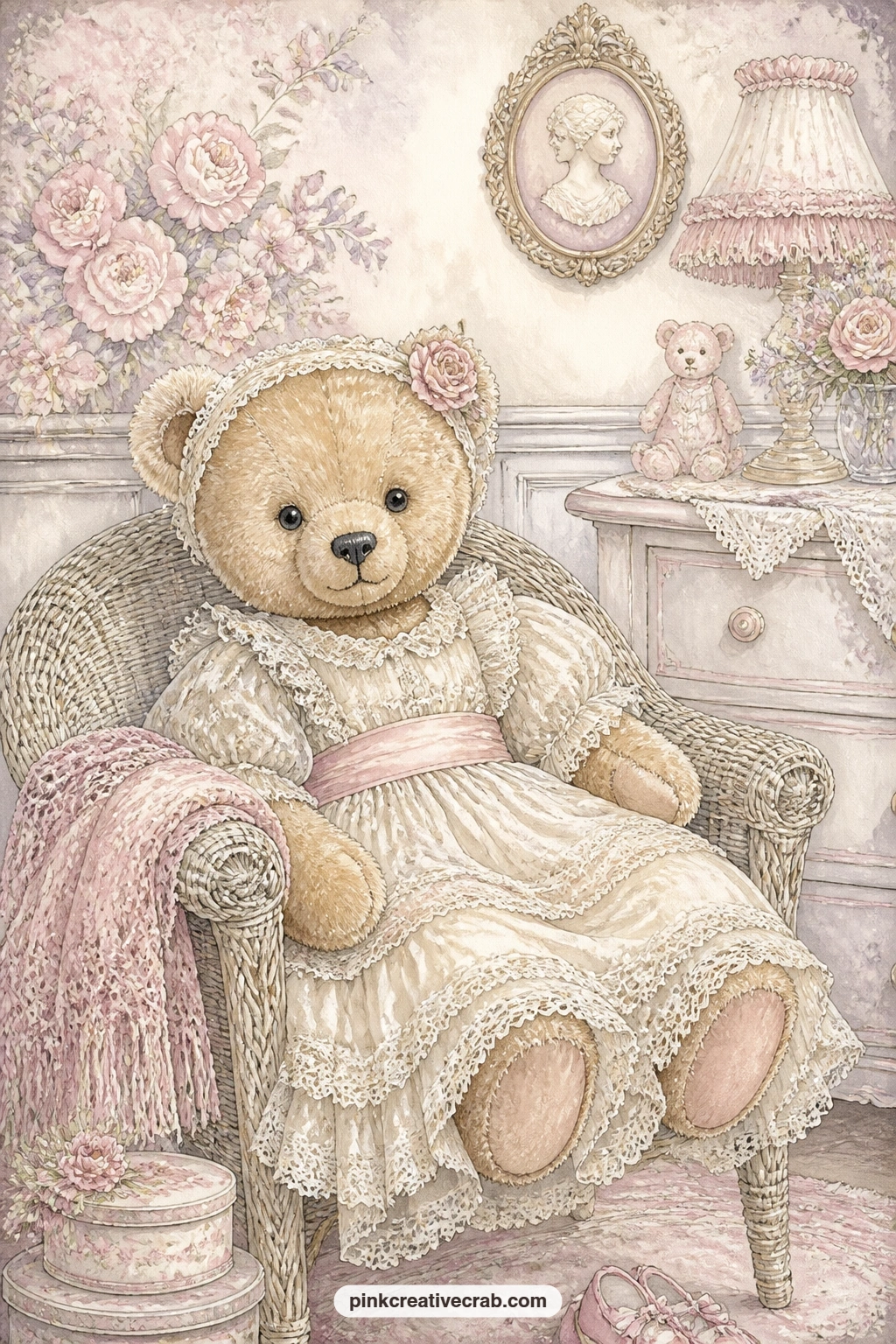 Antique Teddy Bear In Lace printable page — A well loved antique bear deserves a name tag, so write one on a small paper label tucked under the wicker chair.