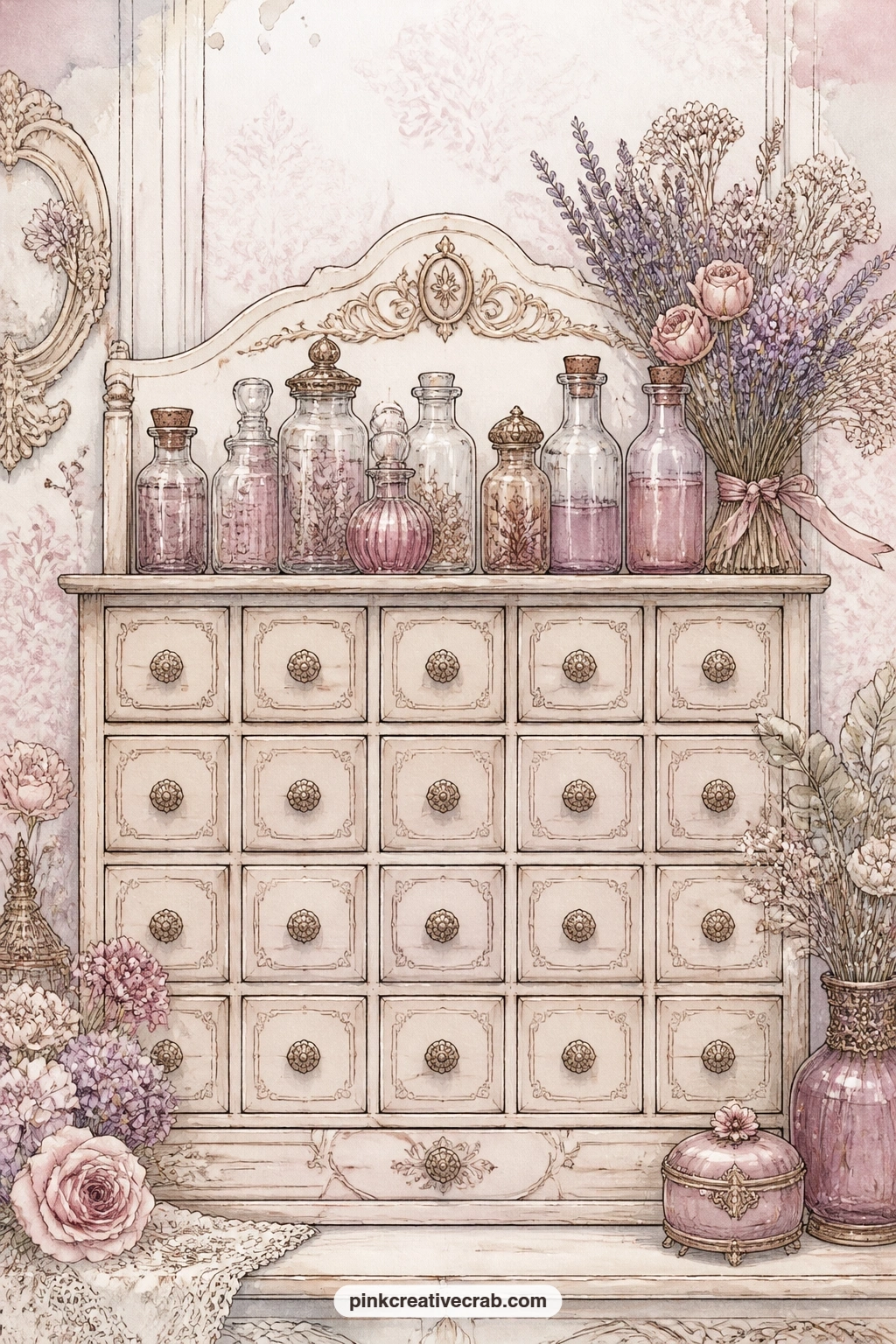 Apothecary Cabinet With Drawers printable page — Tear the right edge of this page unevenly before gluing it in, so the little drawers and dried flowers look as