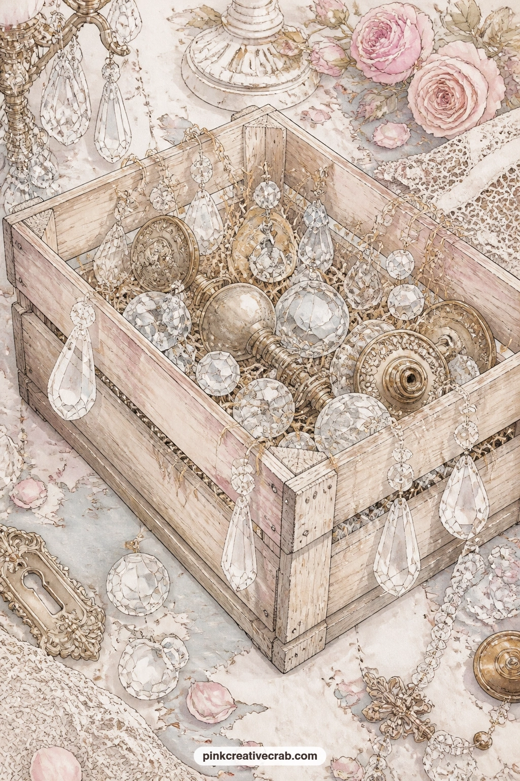 Chandelier Crystals In A Crate printable page — Who is this page for in a shared gift journal. Antique junk journal