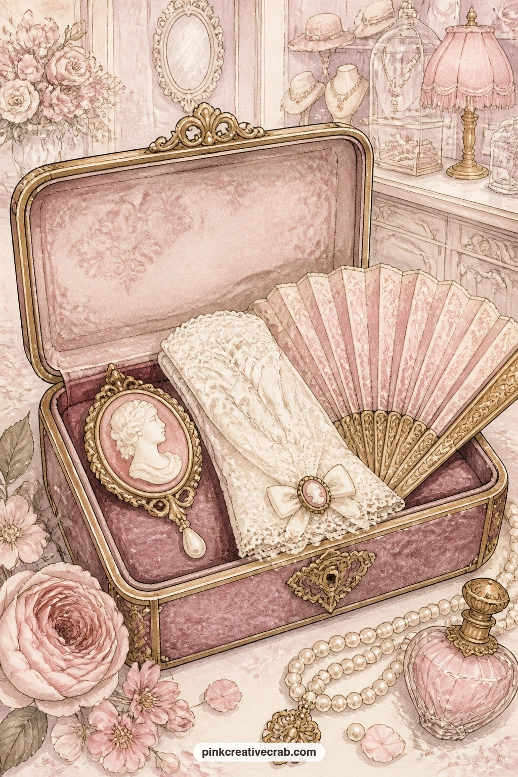 Cameo Gloves And Fan printable page — Pair this velvet-lined box with the Victorian junk journal pages if your set is leaning that way, since the lace gloves