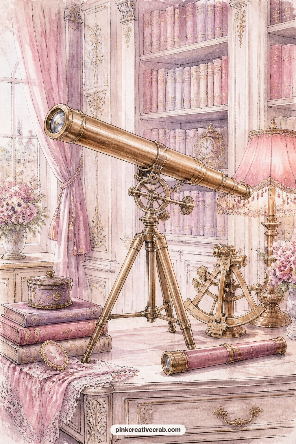 Brass Telescope On A Library Table printable page — Sketch a short star chart or a single constellation beside the telescope if you want to add your own line