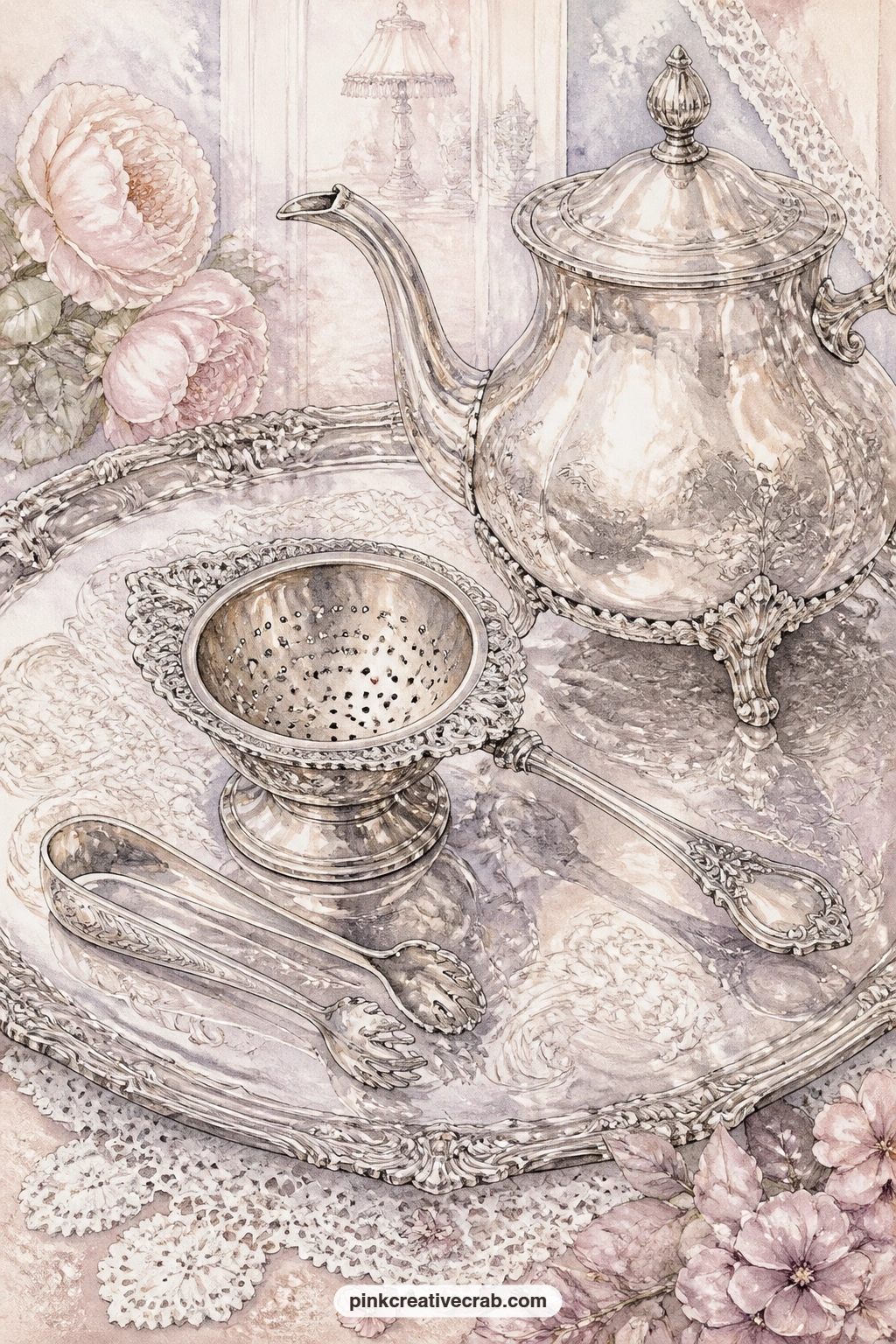 Silver Tea Strainer And Tongs printable page — This closes the scene pages the way a proper tea service should, with the silver strainer, the sugar tongs and