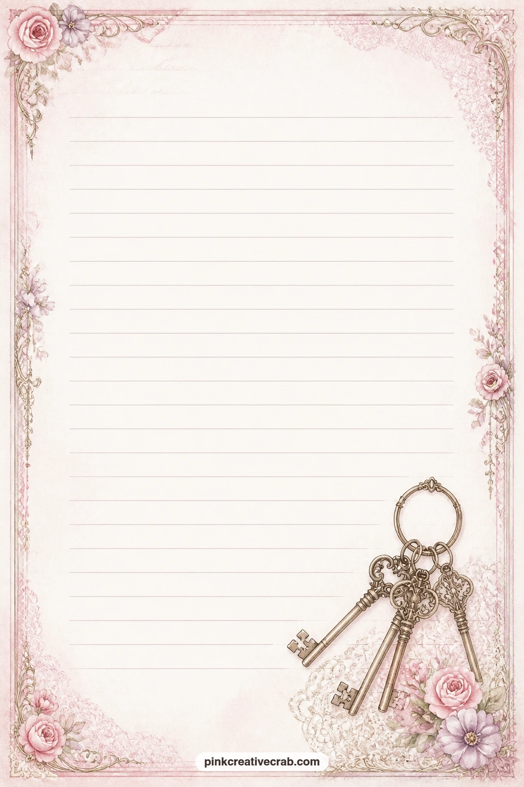 Skeleton Key Corner Lined Page printable page — Use the ruled lines here for a gift list from an antique shop visit, a short letter to whoever inherits the