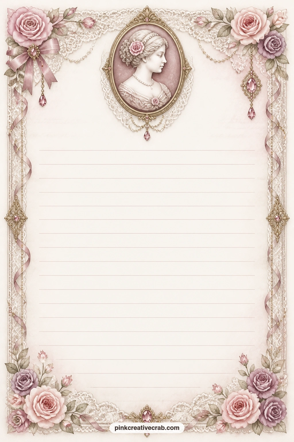 Cameo Frame Lined Page printable page — Write a description of a favourite cameo here, a short memory tied to pearls or brooches, or a simple wish list of