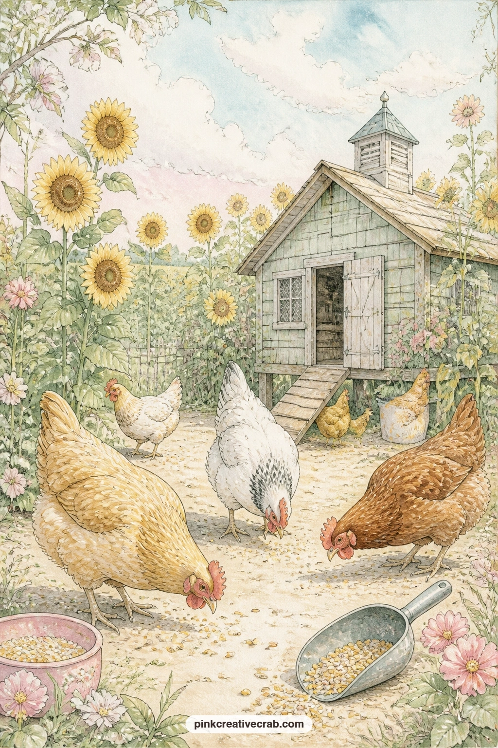 Hens In The Sunflower Farmyard printable page — Give this page to the morning routine: feed scoop, coop door and the first scatter of hens, with a wooden coop