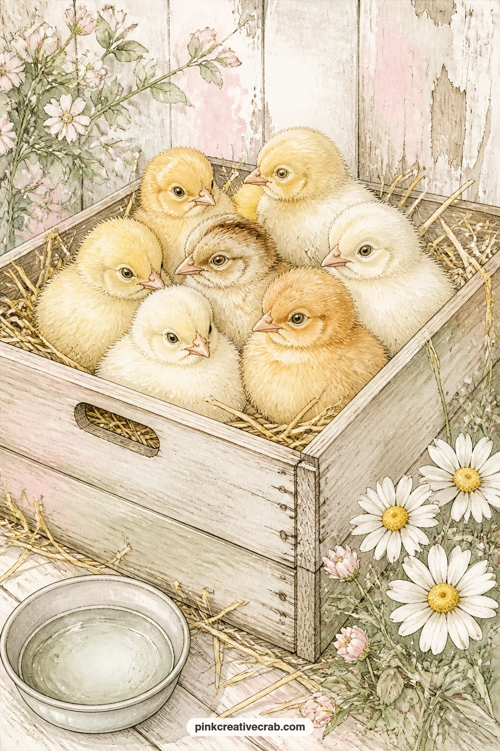 Chicks In A Straw Crate printable page — Fluffy chicks huddle in a straw-lined crate, with a small water dish and a few daisies tucked at the corner, and a