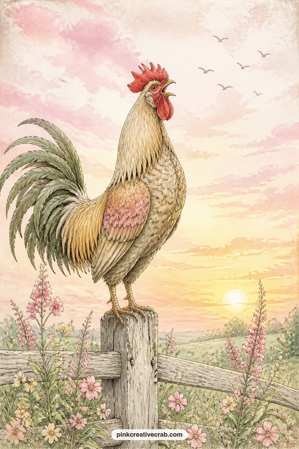 Rooster At Pastel Sunrise printable page — This is the page for the five-minute version: skip the fence detail and just glue the rooster and his sunrise wash