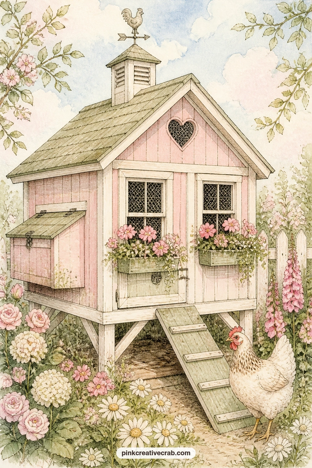 Painted Coop With Flower Boxes printable page — Try the usual mistake with coop pages: crowding the whole sheet with trim details. Chicken junk journal