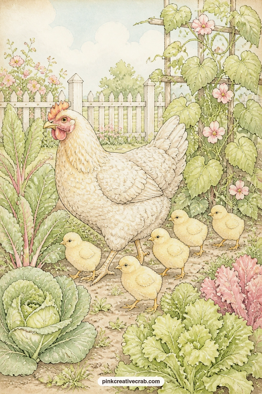 Hen And Chicks In The Garden printable page — Glue a real seed packet or a pressed leaf onto this page before the scene goes in, so the garden path has
