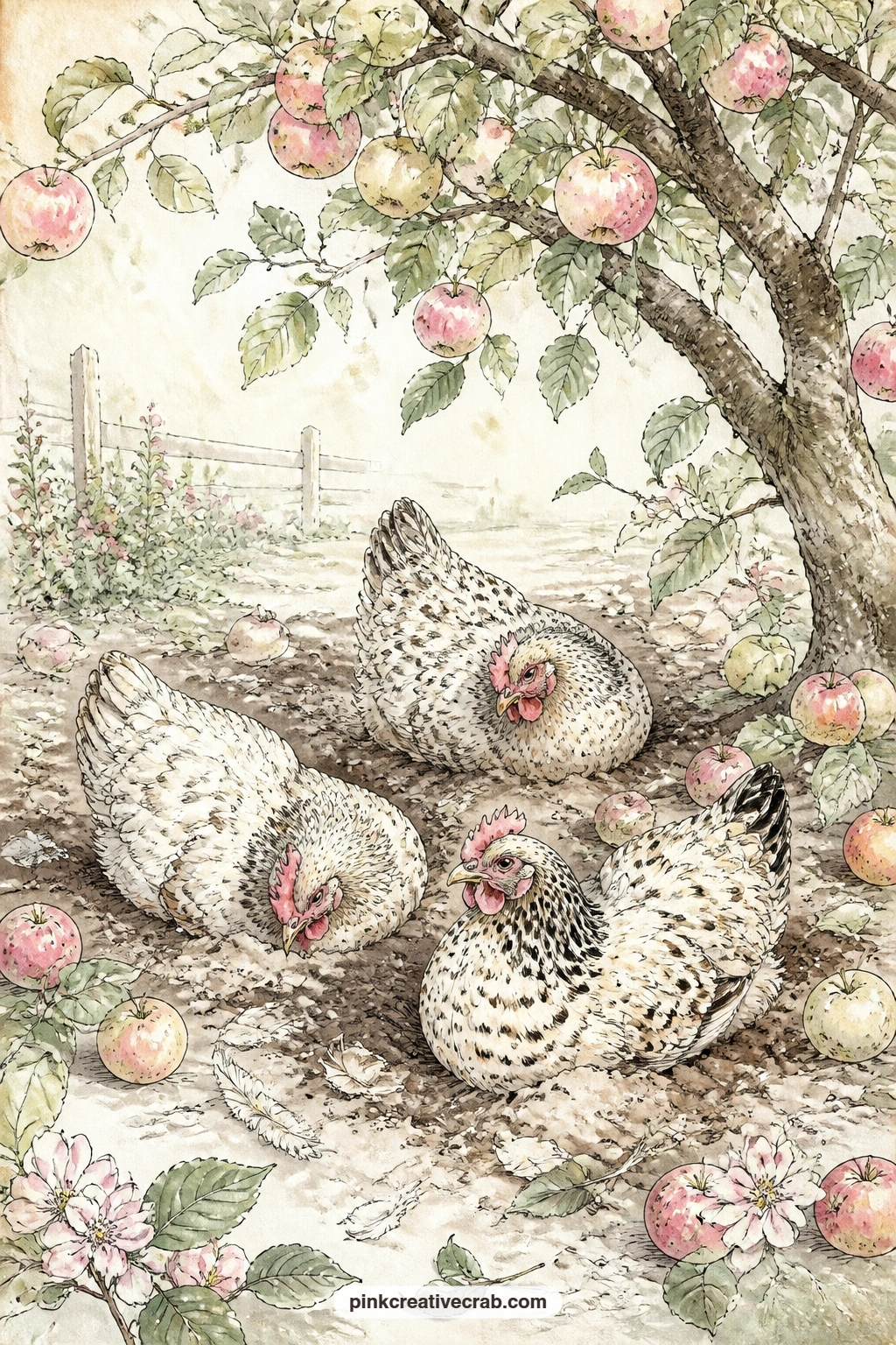 Hens Dust Bathing Under The Apple Tree printable page — Write the entry on this page as a short list: three things the hens got up to today, however small
