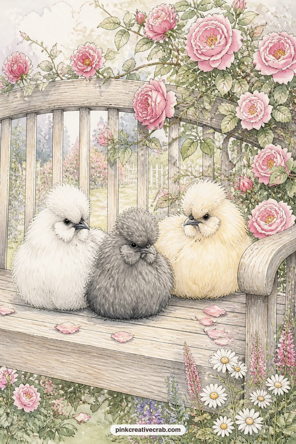 Silkie Chickens On The Garden Bench printable page — Fluffy Silkie chickens rest on a garden bench, with climbing roses trailing along the backrest and a few