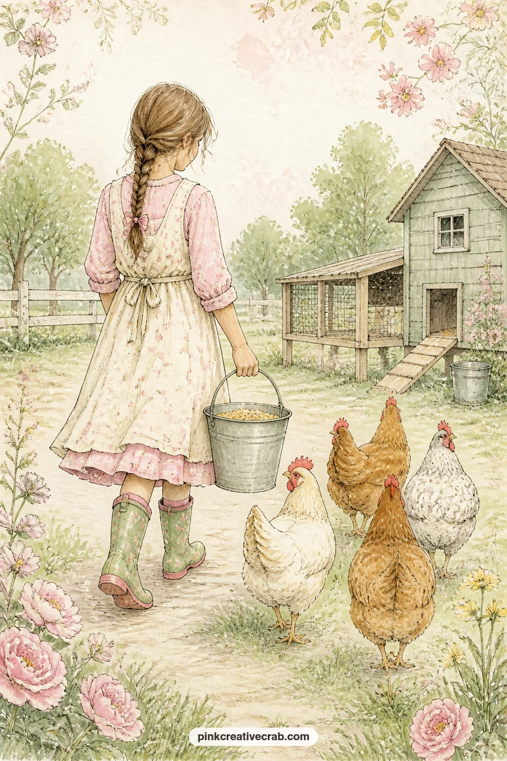 Following The Feed Bucket Across The Yard printable page — This page suits a gift journal made for a granddaughter or young niece who loves the flock: the