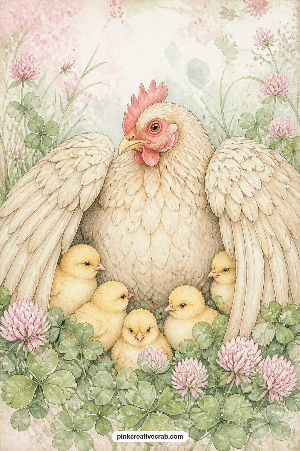 Mother Hen Sheltering Chicks In Clover printable page — A mother hen spreads her wings over a cluster of chicks resting in a patch of clover, with a few clover