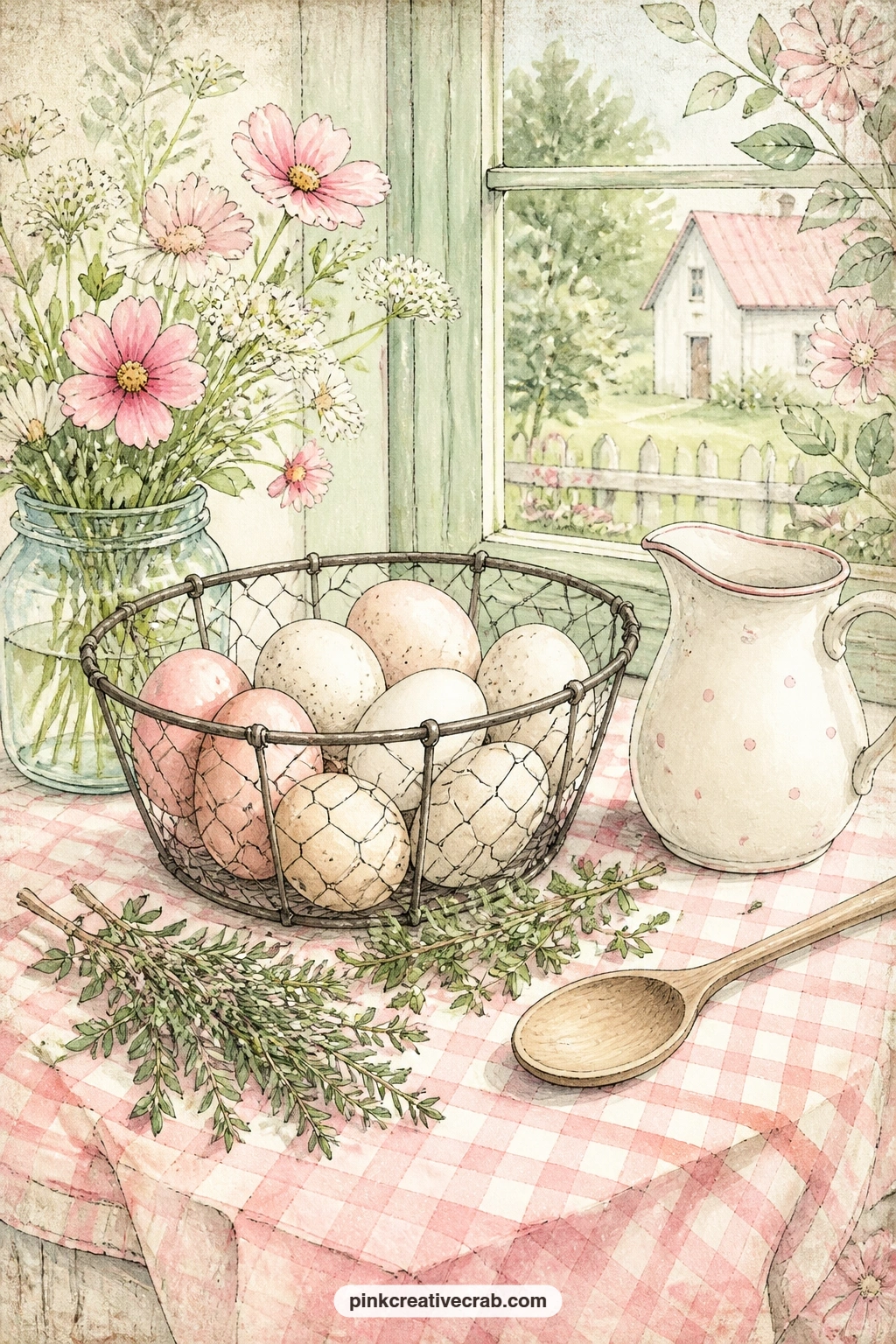 Farm Kitchen Table With Egg Basket printable page — Leave a small gap at the edge of this page for a torn recipe card: deviled eggs, a quiche, anything that