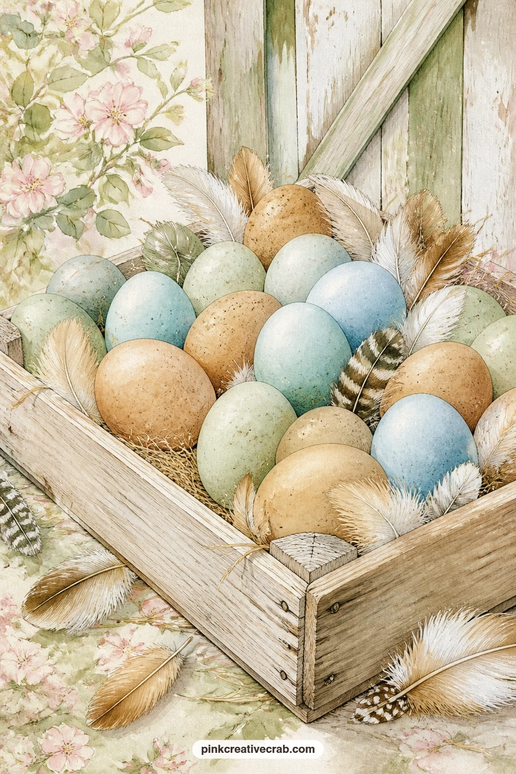 Crate Of Blue Green And Brown Eggs printable page — Fold a small flap at one edge of this page to make a flat pocket behind the crate, just big enough to slide