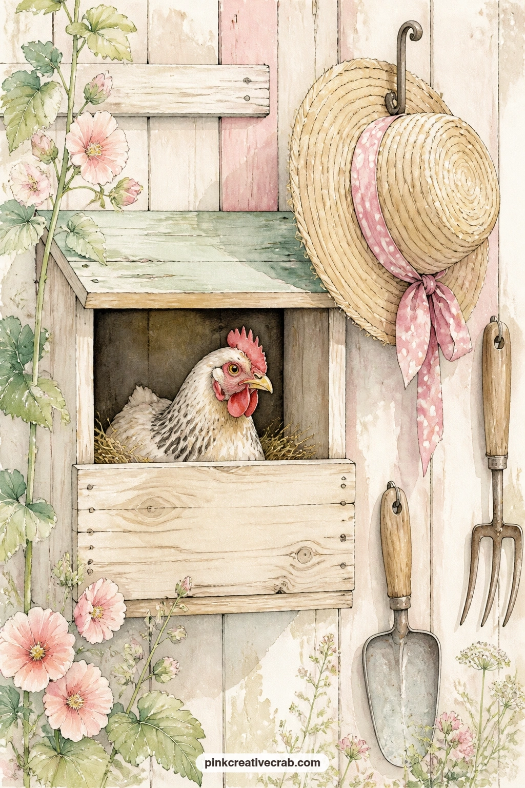 Nesting Box With A Straw Hat printable page — A hen peeks out from her nesting box while a straw hat hangs from a hook beside it, with a wooden wall and a few