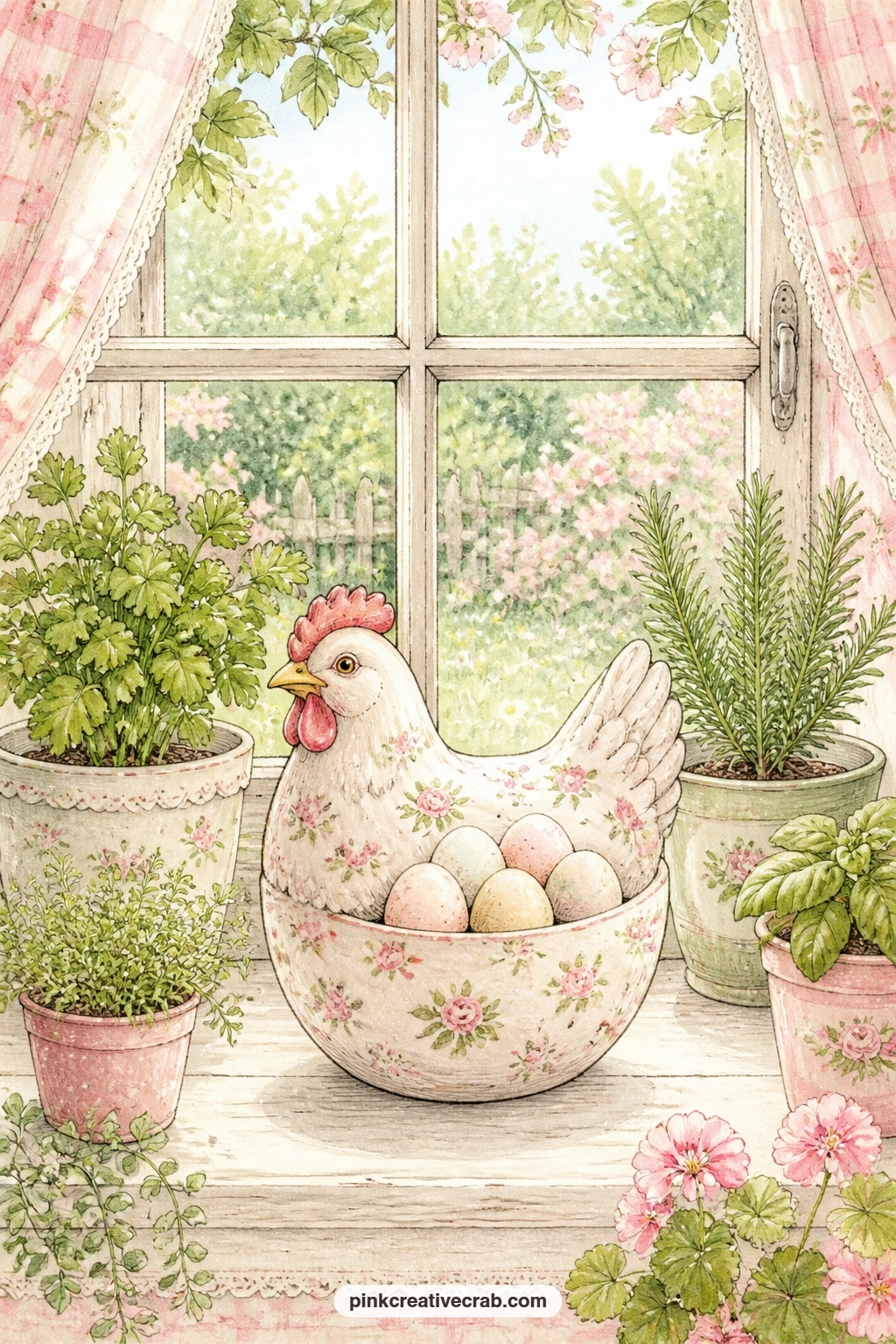 Ceramic Hen On The Herb Windowsill printable page — Try tea-staining just the bottom edge of this page before gluing it in, so the windowsill looks like it has
