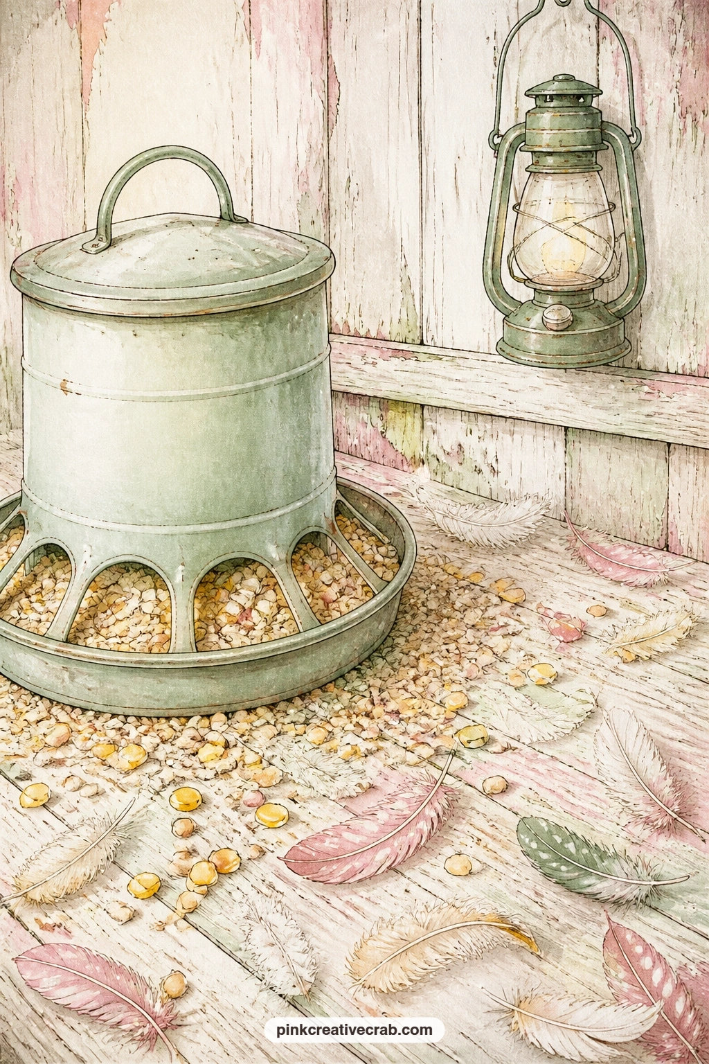 Feeder, Grain And Feathers On The Barn Floor printable page — Chicken feeder, scattered scratch grains and loose feathers cover a worn barn floor, with a