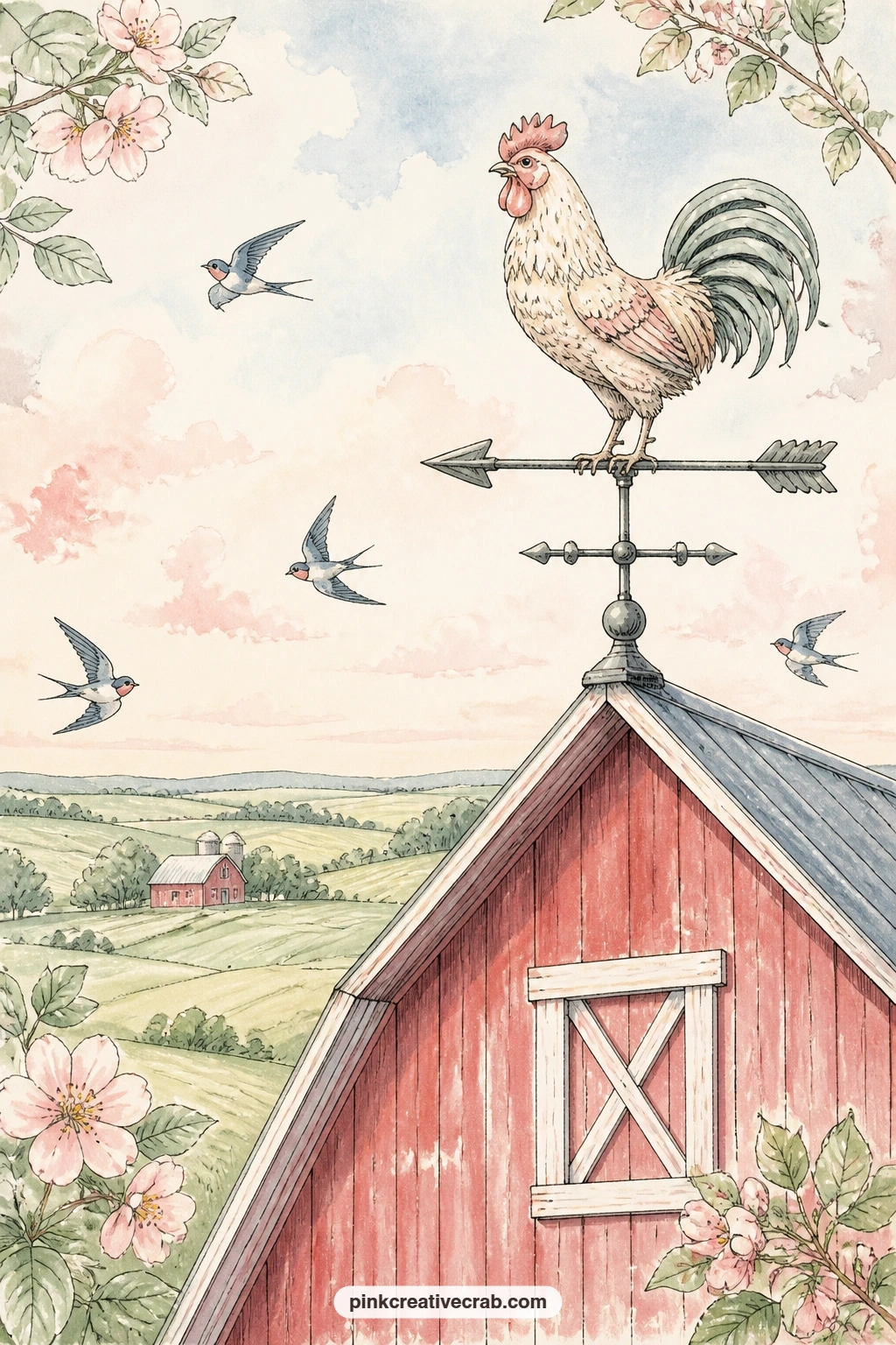 Rooster Weathervane Over The Red Barn printable page — Place this page right after the sunrise rooster earlier in the set: one shows him on the fence at dawn