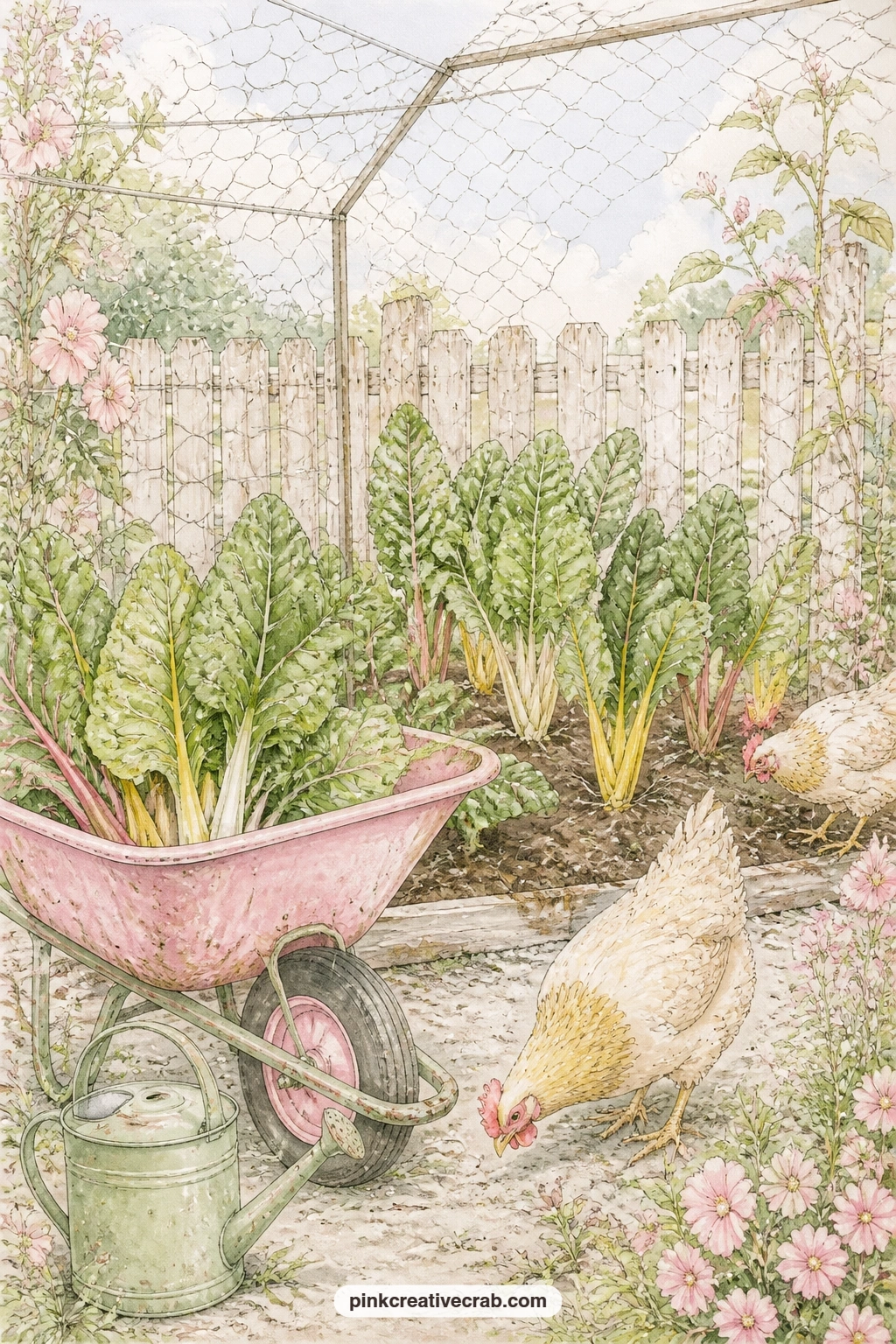 Chicken Run With Wheelbarrow And Chard printable page — A wheelbarrow and a watering can sit beside rows of chard inside a wire chicken run, with a hen or two