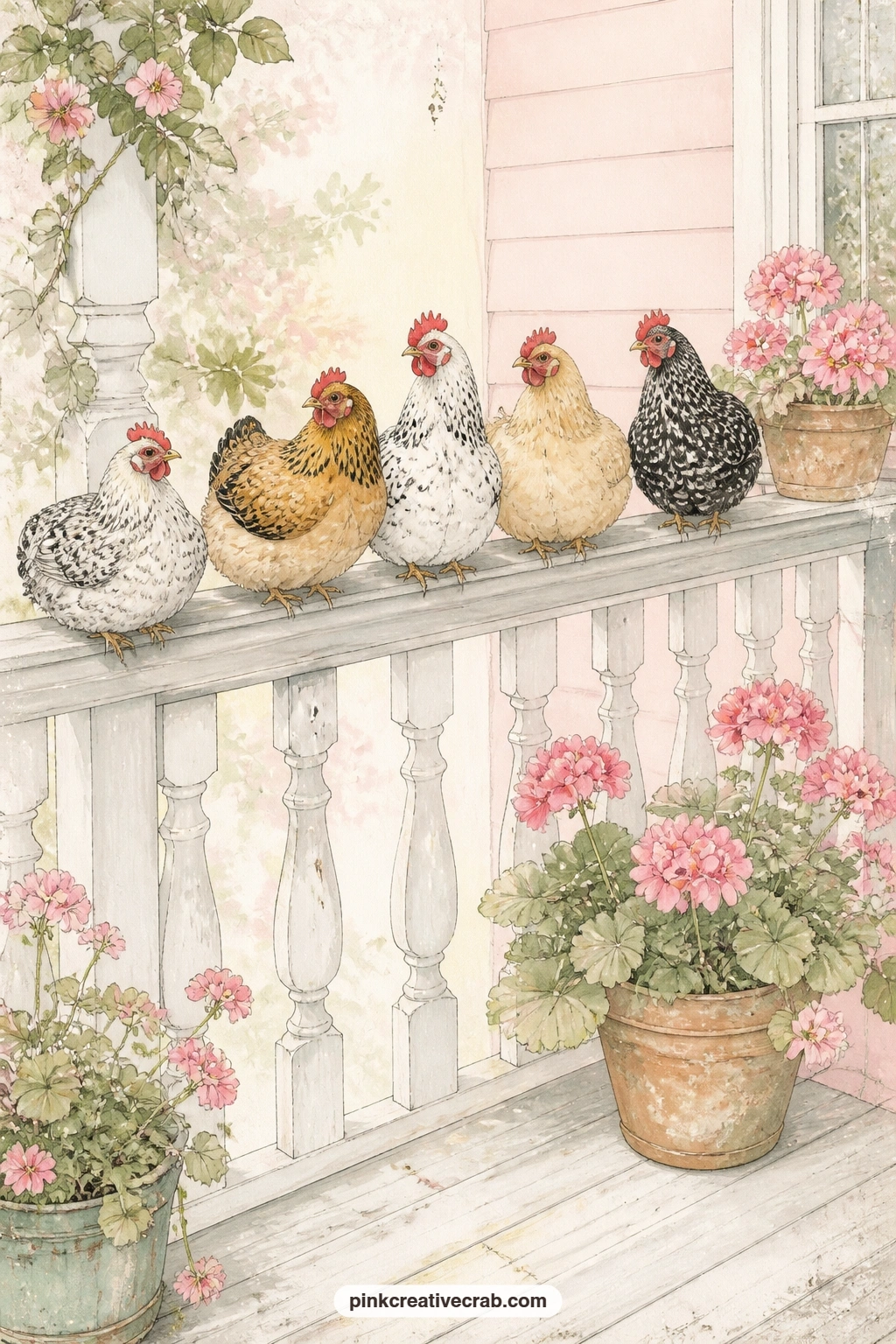 Bantams On The Porch Railing printable page — Small bantam hens perch along a porch railing beside pots of bright geraniums, with a wooden porch floor and a
