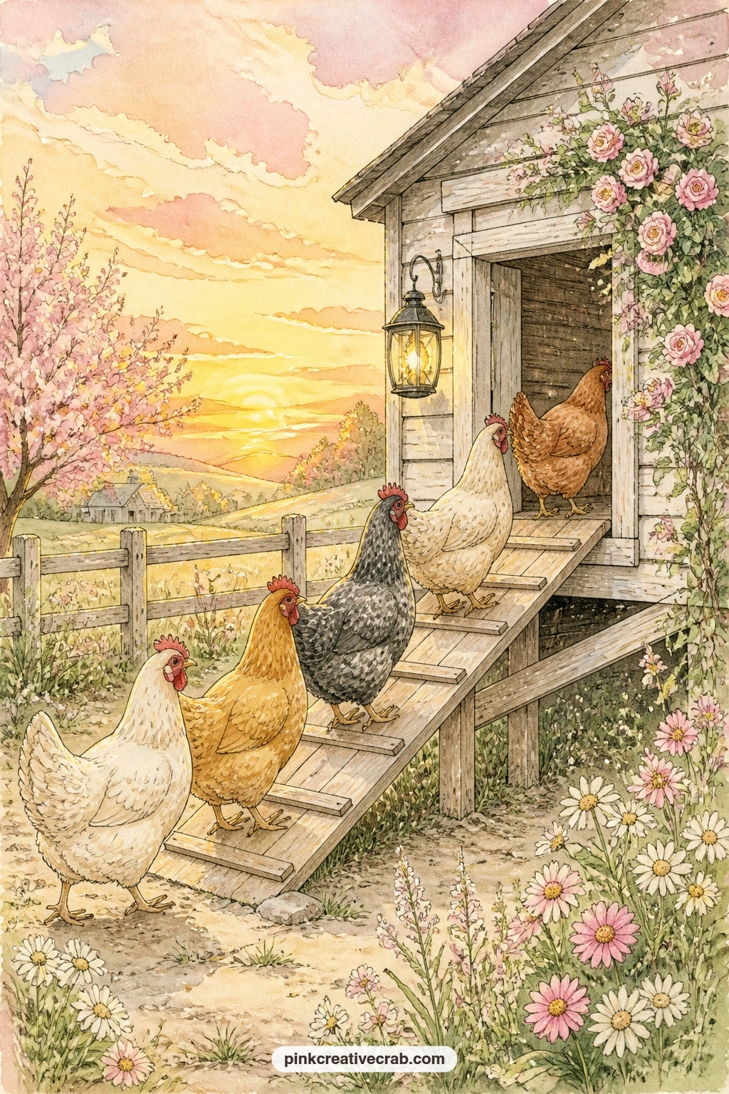 Hens Going In At Golden Sunset printable page — This is the last scene before the backgrounds start, so give it real room to breathe: hens filing into the coop