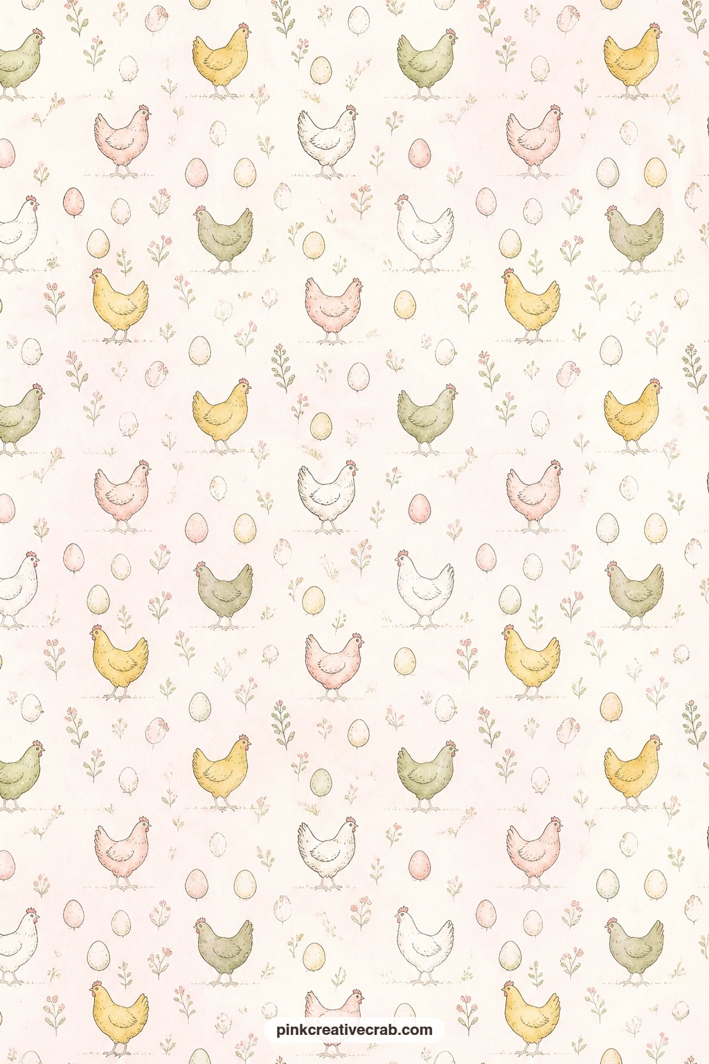 Tiny Hens And Eggs Pattern printable page — Small hens and scattered eggs repeat edge to edge in this soft farmhouse print. Chicken junk journal