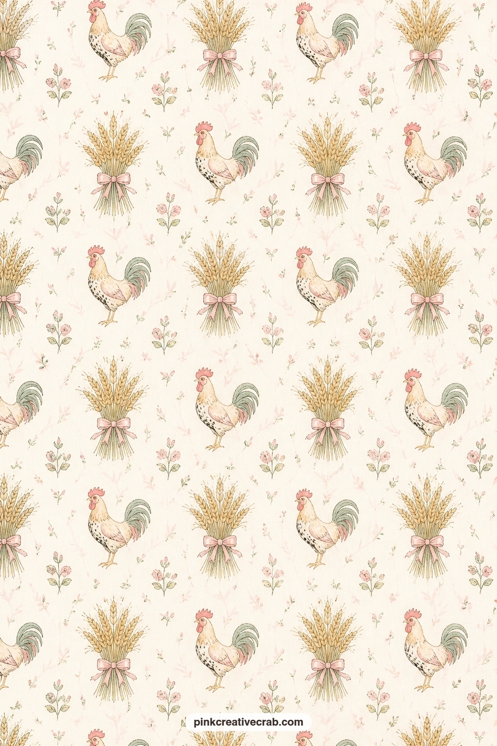 Rooster And Wheat Calico Pattern printable page — Small roosters alternate with sheaves of wheat in a calico style print across the whole sheet. Chicken junk